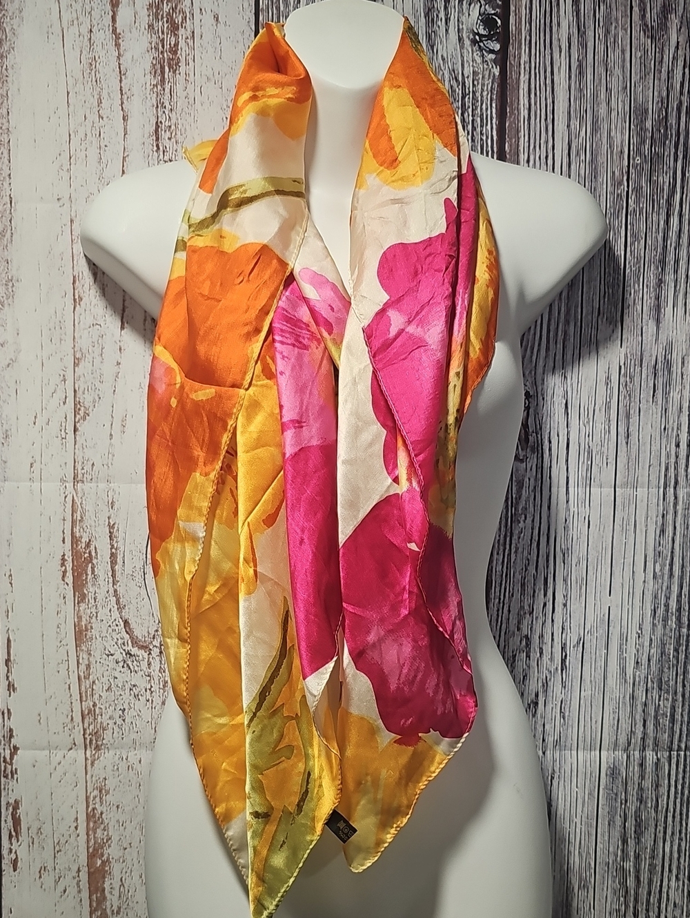 Vibrant Floral Silk Scarf in Pink, Orange & Yellow